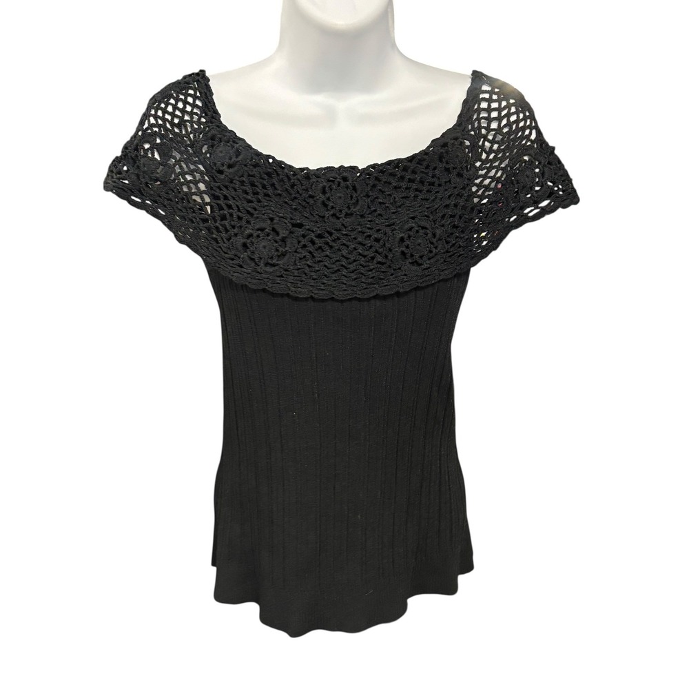 Cabo Black Knit Floral Crochet Off The Shoulder Top Size L Y2K